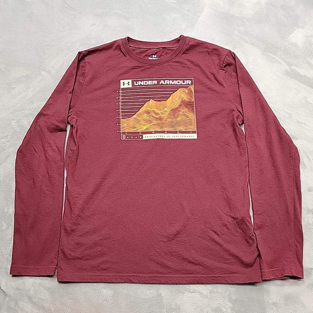 Under Armour Shirt Boys Large Maroon Topographic Map Long Sleeve Activewear TEE